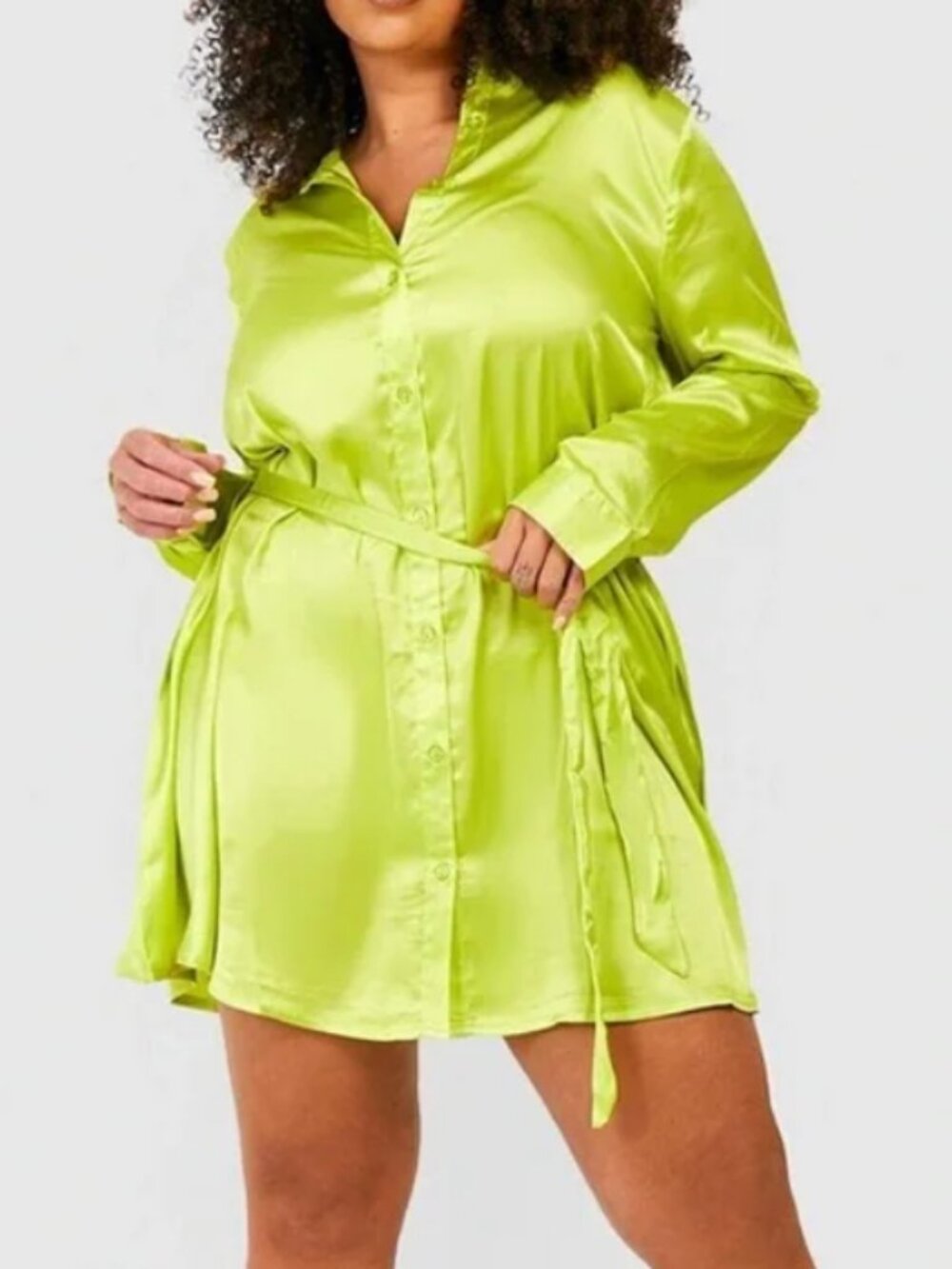 boohoo Plus Satin Midi Belted Neon Chartreuse Lime Shirt Dress